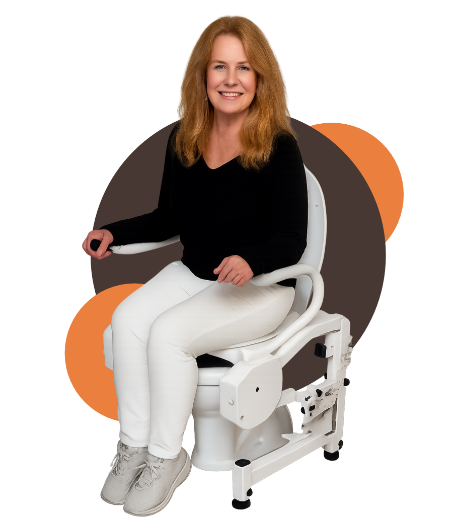 Senior woman with toilet safety frame